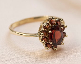 14k Garnet Ring, Cluster Gold Ring, Gold Ring Woman, Real Gold Jewelry, Birthstone Ring, Red Engagement Ring, Solid Gold Ring, January Ring