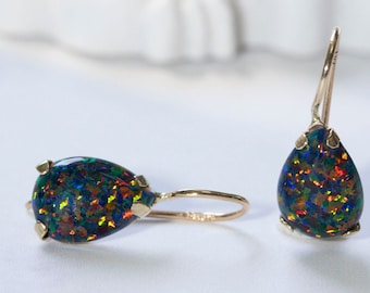 Black Opal Gold Earrings, Teardrop Gold Earrings, 14k Solid Gold Earrings, Gemstone Earrings, Birthstones Earrings, Real Gold Jewelry Unique