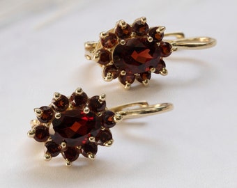 14K Garnet Earrings, Solid Gold Earrings, Flower Earrings, Drop Gold Earrings, January Birthstone Gift, Gemstone Earrings, Real Gold Jewelry