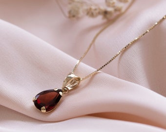 Red Garnet Necklace, Garnet Pendant Necklace, Solid Gold Necklace For Women, January Birthstone, Dainty Necklace Gold, Fine Jewelry, 14K