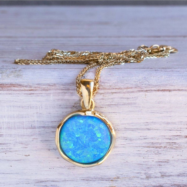 Opal Necklace, 14K Gold Pendant Necklace, Short Necklace, Round Pendant, October Birthstone, Opal Jewelry, Real Gold Jewelry, Fine Jewelry