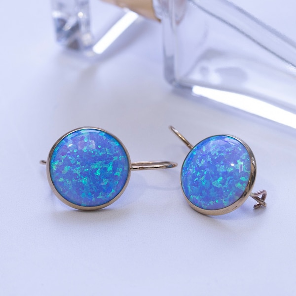 14K Gold Blue Opal Earrings - 14K Gold Earrings - Opal Drop Earrings - Opal Gemstone - Gift For Her - Opal Jewelry - October Birthstone