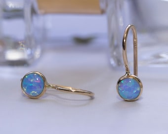 Blue Opal Earrings, 14K Solid Yellow Gold Drop Earrings, October Birthstone Earrings, Opal Earrings, 14K Gold Earrings, Tiny Round Earrings