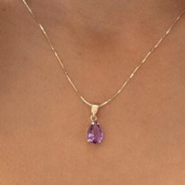 Amethyst Pendant Necklace, Solid Gold Necklace For Women, Teardrop Pendant Necklace, 14K Pendant Necklace, Real Gold Necklace, Fine Jewelry