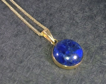 14K Yellow Gold Blue Lapis Classic Pendant, Lapis Necklace, Lapis Lazuli Jewelry, Blue Gemstone Pendant, Dainty Gold Necklaces For Women