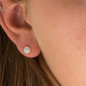 White Opal Earrings, 14K Solid Yellow Gold Stud Earrings, October Birthstone Earrings, Opal Earrings, 14K Gold Earrings, Tiny Stud Earrings