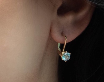 Blue Topaz Earrings, Gemstone Earrings, Solid Gold Earrings, Gold Drop Earrings, 14k Gold Earrings, Dainty Earrings, Small Drop Earrings