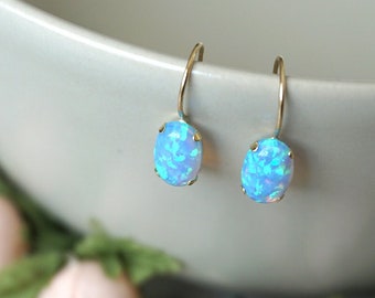 Blue Opal Earrings, 14k Gold Earrings, Drop Earrings, Blue Opal Jewelry, Gemstone Earrings, Solid Gold Earrings, Oval Earrings, Real Gold