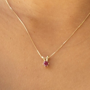14Kt Solid Gold Necklace With Ruby, Dainty Gemstone Pendant Necklace, 14K Real Gold Box Chain, Round July Birthstone Pendant For Her