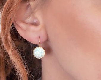 Gold Opal Earrings, Gold Drop Earrings, Round Drop Earrings, Bridal Earrings, 14k Gold Earrings, Dainty Gemstone Earrings, Fine Jewelry