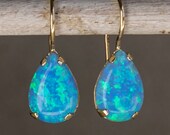 Blue Opal Jewelry, Gold Opal Necklace, Opal Dangle Earrings, 14K Gold Pendant, Birthstone Jewelry, Womens Earrings, Teardrop Earrings