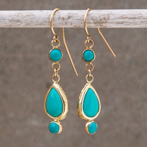 14K Gold Turquoise Earrings, Turquoise Jewelry, Long Earrings, Dangle Earrings, Handmade Earrings, Boho Earrings, Teardrop Earrings
