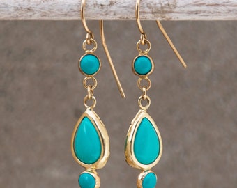14K Gold Turquoise Earrings, Turquoise Jewelry, Long Earrings, Dangle Earrings, Handmade Earrings, Boho Earrings, Teardrop Earrings