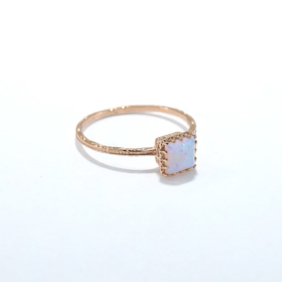 October Birthstone 5x5mm Square Gemstone Delicate Jewelry Classy Gift for Women 14K Solid Gold Blue Opal Ring Minimalist Handmade Gift Unique Promise Ring 14K Rose Gold Dainty Solitaire Ring 