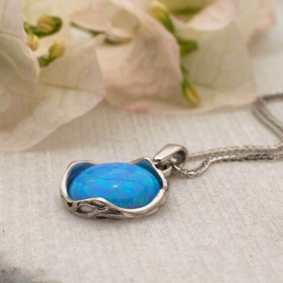Blue Opal Necklace 14k White Gold Opal 