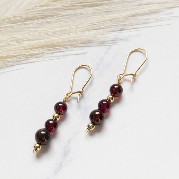 Garnet Gold Earrings, Drop Gold Earrings, 14K Gold Earrings, Dangle Earrings, Real Gold Earrings, Gemstone Bead Earrings, January Birthstone