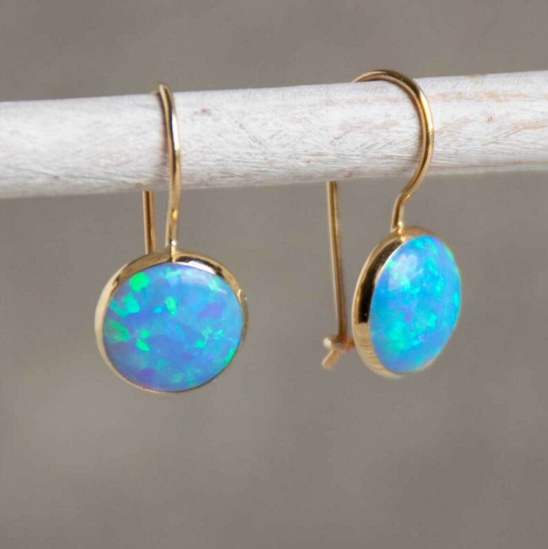 Blue Opal Earrings 14K Gold Earrings October Birthstone | Etsy