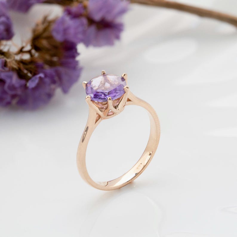 Amethyst Engagement Ring, Vintage Style Ring, Rose Gold Ring, Solitaire Ring, Real Gold Jewelry, Solid Gold Ring, 14k Gold Ring, Purple Ring afbeelding 1