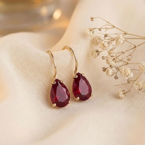 Classic ruby earrings in yellow gold, pear-shaped red gemstone, luxury birthstone jewelry, 10 year anniversary gift for wife