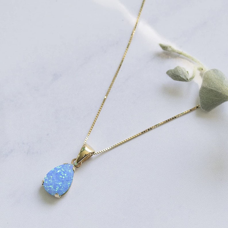 Blue Opal Necklace, Solid Gold Necklace For Women, Opal Teardrop Necklace, Dainty Opal Necklace, Short Necklace, Fine Jewelry, 14K Jewelry image 6