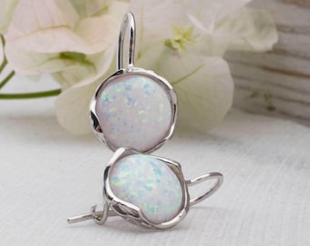 White Gold Opal Earrings, 14K White Gold Earrings, White Opal Earrings, Wedding Jewelry Solid Gold, 14K Dangle Earrings, Drop Earrings, Gold