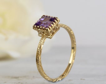 Amethyst Ring, 14K Solid Gold Ring, February Birthstone, Square Gemstone Gold Ring, Solitaire Amethyst Ring, Yellow Gold Ring, Unique Gift