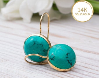 14K  Gold Turquoise Earrings, Large Turquoise Earrings, Gold Drop Earrings, Handmade Boho Earrings, December Birthstone, Statement Earrings