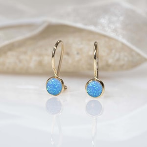 14K Yellow Gold Blue Opal Earrings - 14K Opal Drop Earrings - Gemstone Drop Earrings - Solid Gold Earrings - 14K Yellow Gold Earrings -