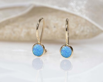 14K Yellow Gold Blue Opal Earrings - 14K Opal Drop Earrings - Gemstone Drop Earrings - Solid Gold Earrings - 14K Yellow Gold Earrings -