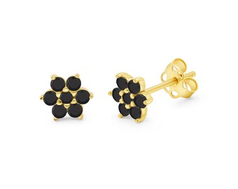 Yellow Gold Black Diamond Stud Earrings – Bold Floral Earrings, Luxury Gift for Her, Birthday or Anniversary