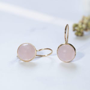 14K Yellow Gold Round Rose Quartz Earrings, Gemstone Drop Earrings, Pink Gold Earrings, Dainty Earrings, Gift for Women, Minimalist Earrings