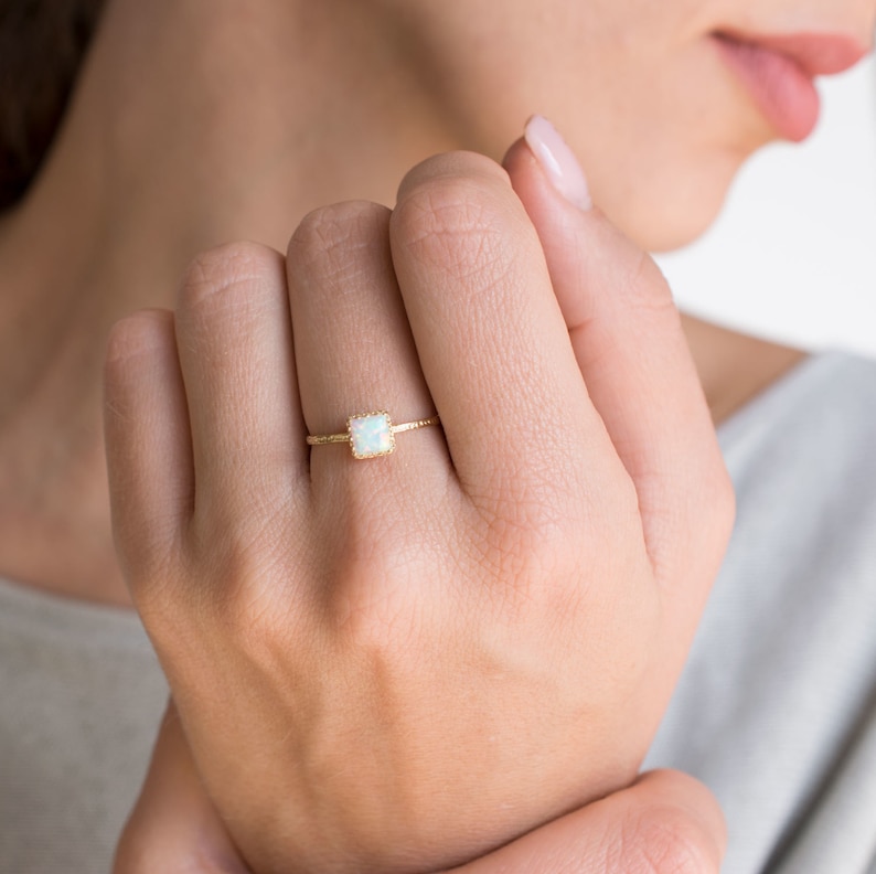 White Opal ring 14K Solid Gold Square Ring Dainty Gold Ring October Birthstone Gemstone Gold Ring Solitaire Opal Ring Handmade image 2