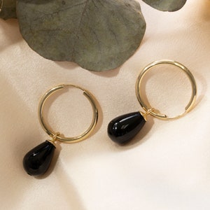 Onyx Earrings, Solid Gold Hoops, 14k Gold Earrings, Real Gold Jewelry, Teardrop Earrings, Dangle Earrings, Modern Earrings Women, Gemstone