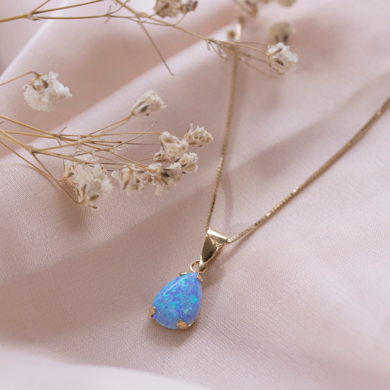 Blue Opal Necklace, Solid Gold Necklace For Women, Opal Teardrop Necklace, Dainty Opal Necklace, Short Necklace, Fine Jewelry, 14K Jewelry image 7