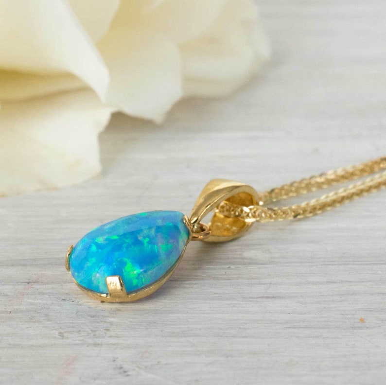 Teardrop Blue Opal Pendant, 14k Gold Opal Pendant, Small Opal Pendant, Solid Gold Pendant, 14K Gold Gemstone Nekclace, October Gemstone image 3