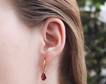 14K Gold Garnet Teardrop Drop Hoop Earrings • Pear Shape Gemstone Dangle Earrings • Dainty Gold Earrings • January Birthstone Earrings