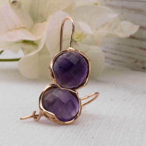 12mm Amethyst Earrings, 14k Gold Earrings, Amethyst Jewelry, Purple Earrings, Rose Gold Earrings, February Earrings, Rose Gold Jewelry