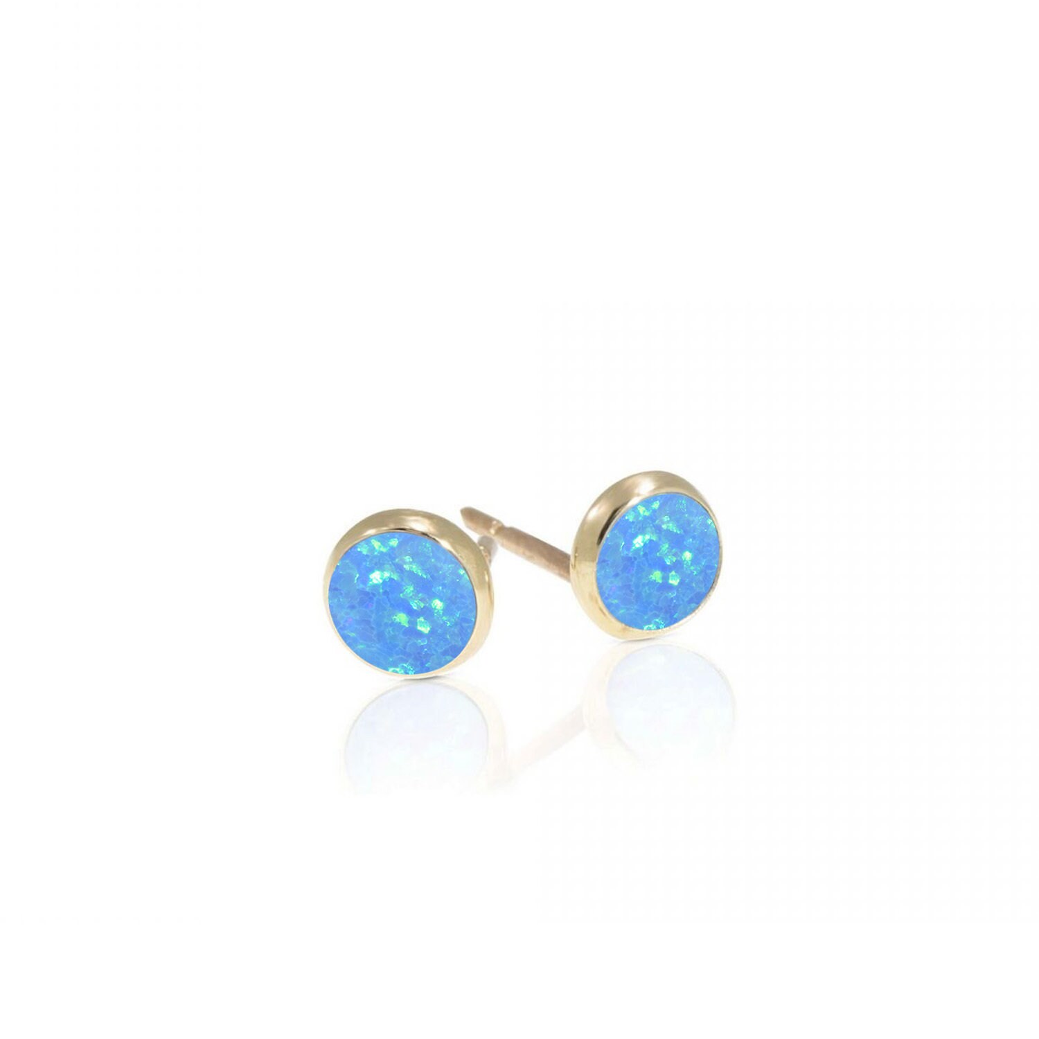 14K Gold Opal Studs, Blue Opal Earrings, Gold Stud Earrings
