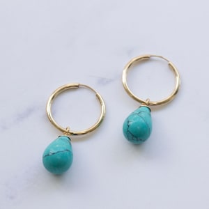 Turquoise Earrings, Gemstone Hoop Earrings, 14k Hoop Earrings, Dangle Earrings, Solid Gold Earrings, Teardrop Gold Earrings, Pendant Hoops