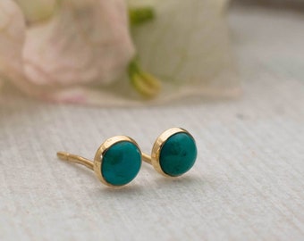 14K Solid Yellow Gold Turquoise Stud Earrings, 4 Mm Round Turquouse Dainty Earrings, Tiny Studs, December Birthstone, Promise Jewelry