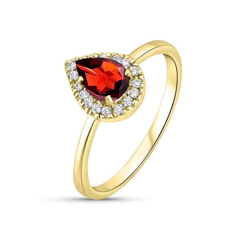 Garnet Ring, 14k Solid Gold Ring, Teardrop Gold Ring, Garnet Engagement Ring, Halo Gold Ring, Multi Stone Ring, January's Birthstone, CZ image 5