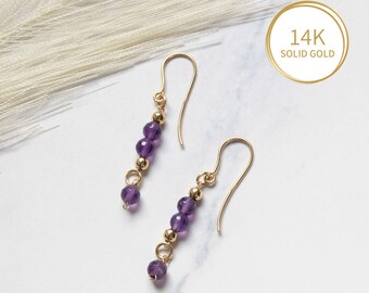 Amethyst Gold Earrings, Drop Gold Earrings, 14K Gold Earrings, Dangle Earrings, Purple Earrings, Real Gold Earrings, Gemstone Bead Earrings