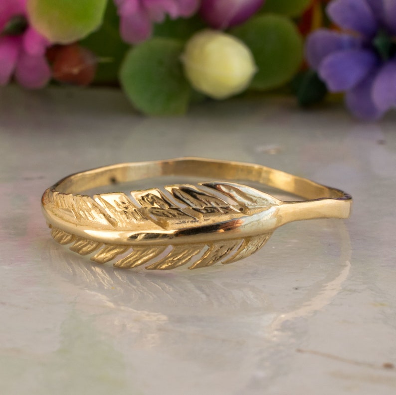 14K Solid Yellow Gold Feather Ring, Dainty Fetaher Ring, Promise Gold Ring, Christmas Gift, Handmade , Gift For Her image 4
