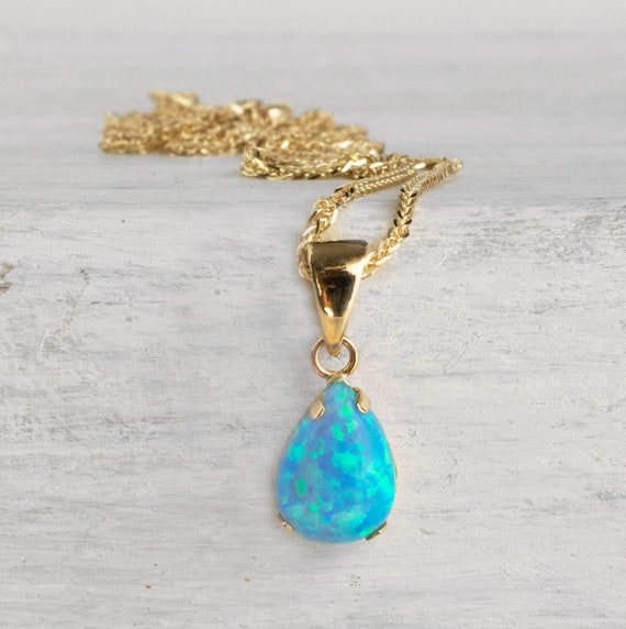 14K Yellow Gold Necklace Blue Opal 