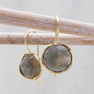 Labradorite Drop Earrings, Round Labradorite in Yellow Gold Settings, Boho Statement Dangle Earrings, Vintage-Inspired Jewelry Gift