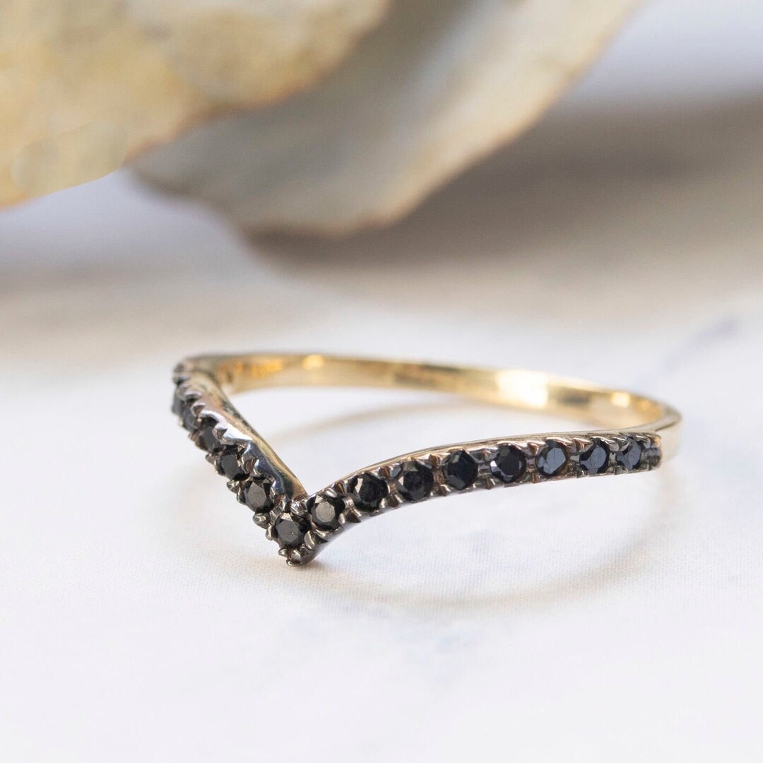 Dainty Black Ring, Black Gold Ring, Chevron Ring, Solid Gold Ring, 14k ...