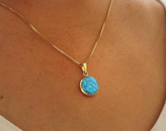 14K Solid Gold Blue Opal Necklace – Round Simulated Gemstone Pendant (October Birthstone)