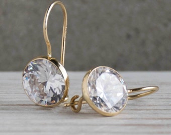 CZ Dangle Earrings, 14K Gold Earrings, CZ Jewelry, Cubic Zirconia, Natural Birthstone, White Gemstone, Dainty Earrings, Gemstone Jewelry