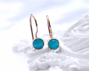 14K Gold Turquoise Earrings, 4 Mm Turquoise Round Gemstone Earrings, Turquoise Jewelry, December Birthstone, Dainty Earrings