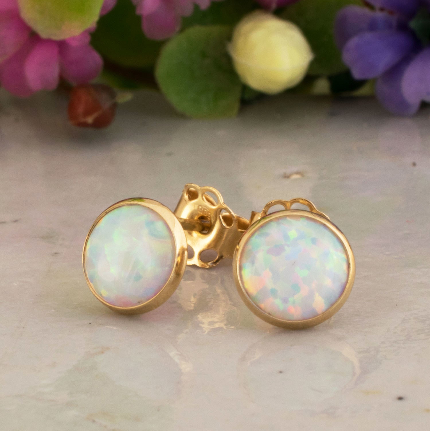 14K Opal Stud Earrings Gemstone Stud Earrings White Opal Etsy